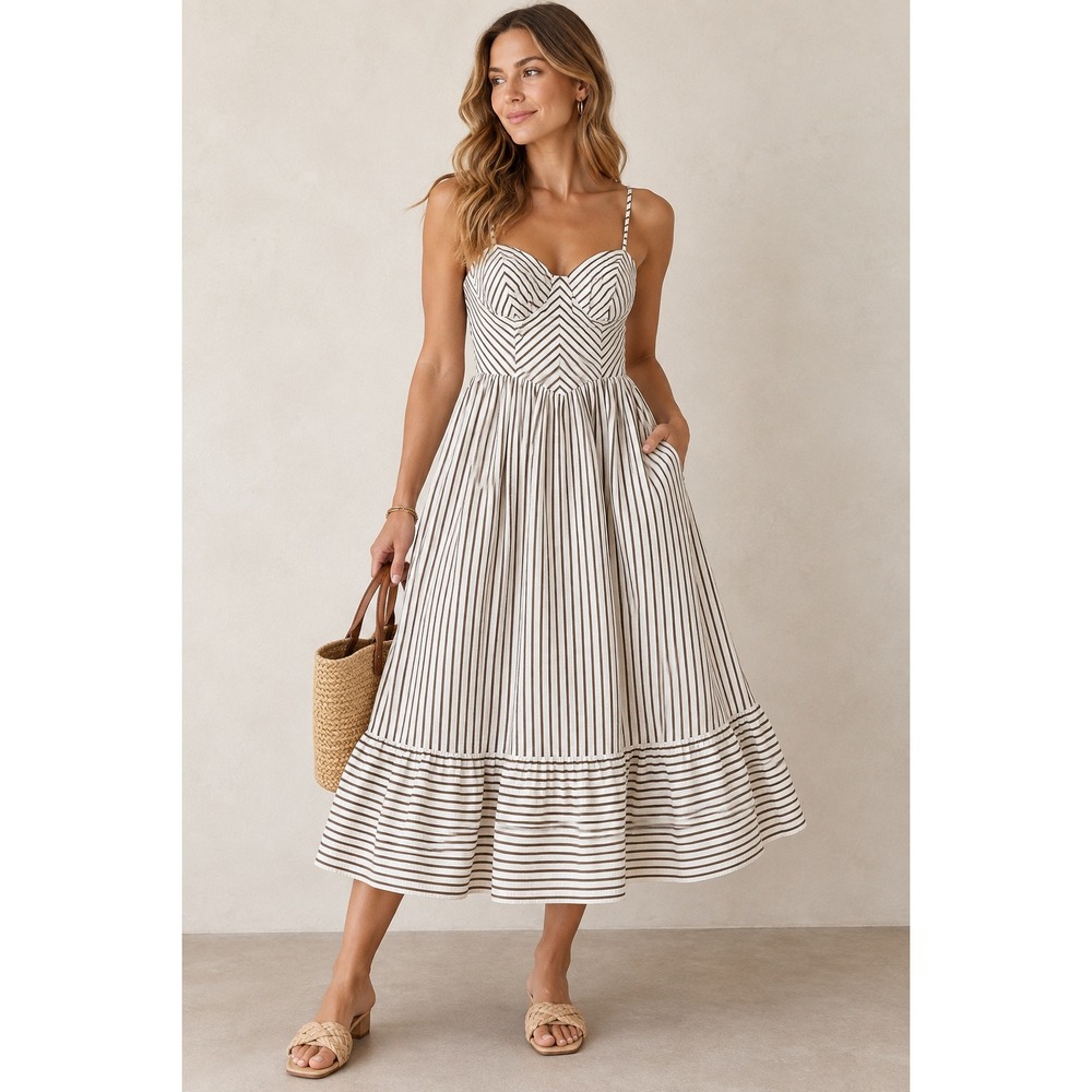 Midi Striped Sundress Sweetheart Neck Smocked Back Brown Ivory Pockets Size M